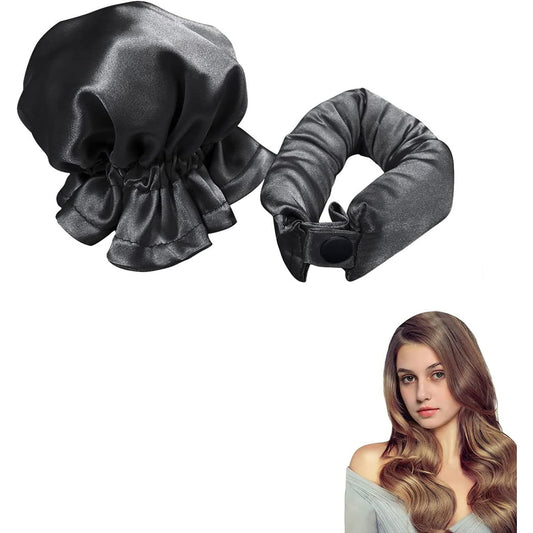 Generic - Satin Heatless Curling Set With Sleep Cap (Black)