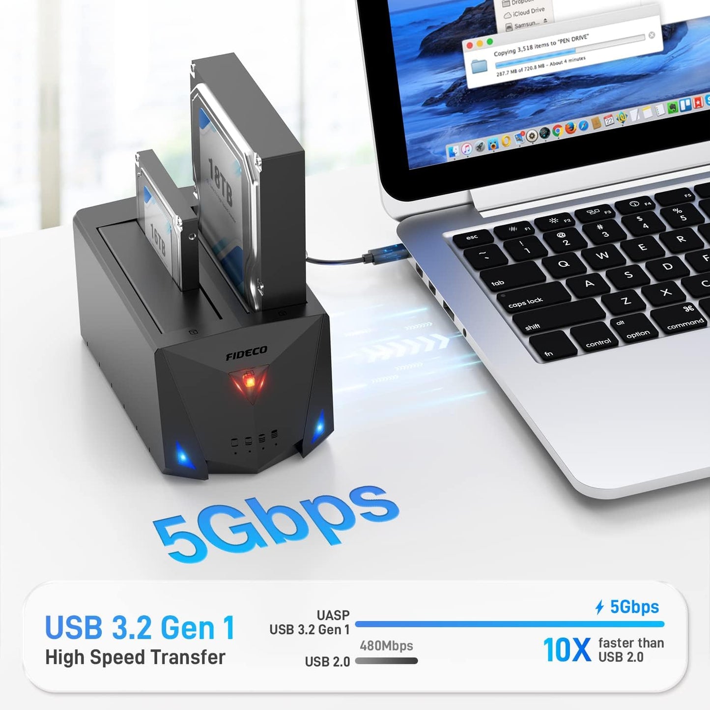 Fideco - USB 3.2 Gen 1 Hard Drive Docking Station with Duplicator and UASP Support