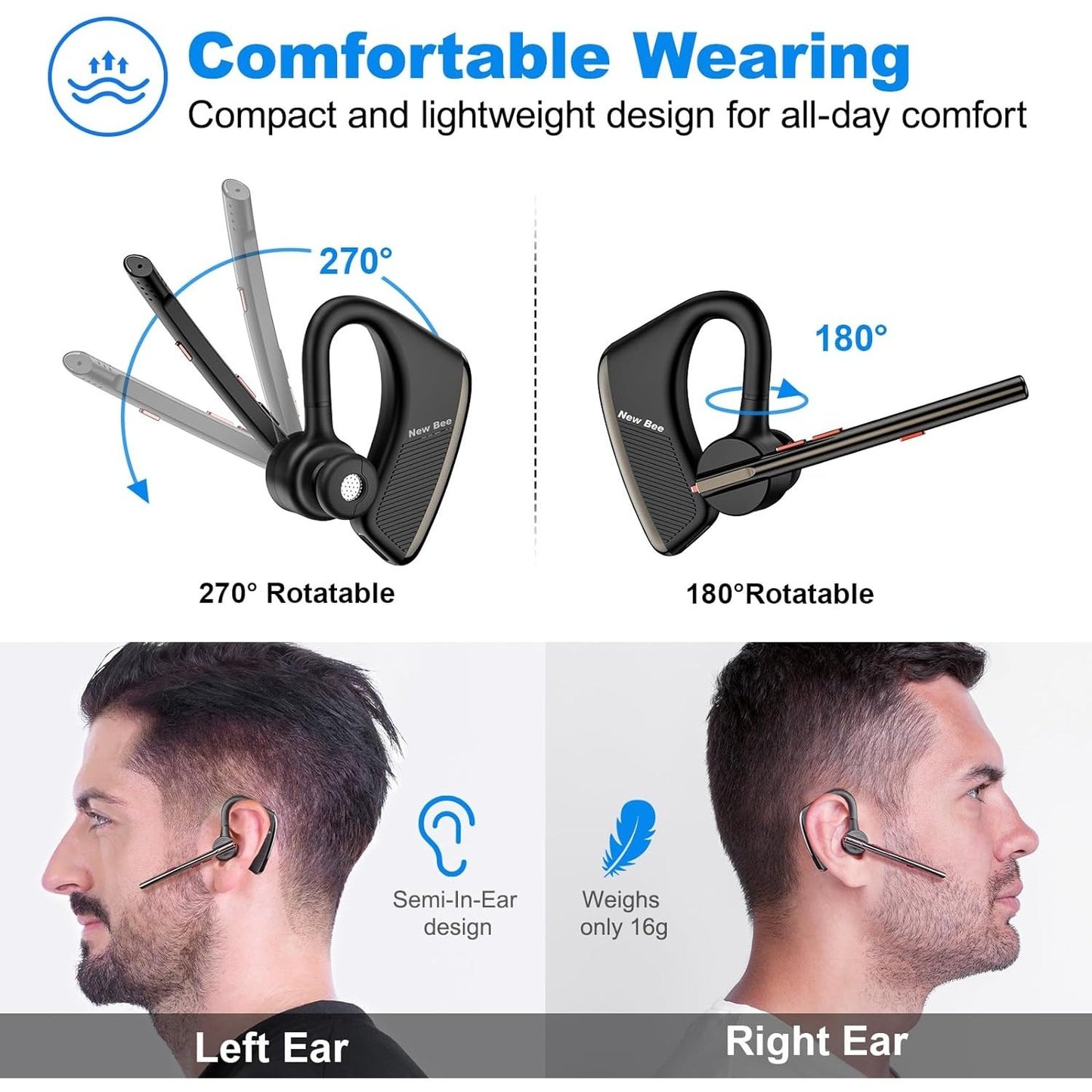 New Bee - Bluetooth Earpiece V5.2 Wireless Headset 24Hrs Talktime Noise Cancelling