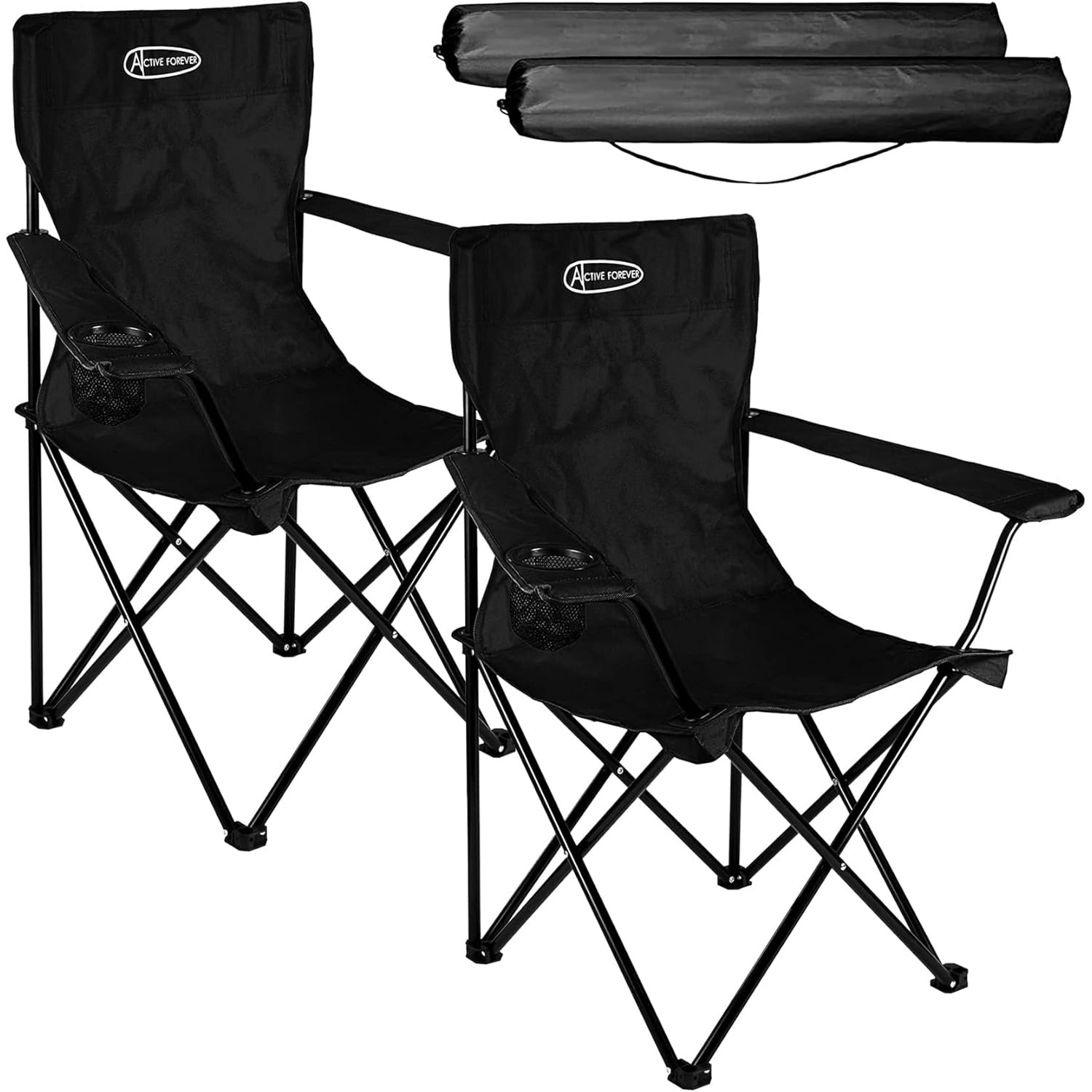 Active Forever - Folding Camping Chairs Set of 2 with Cup Holder - Black