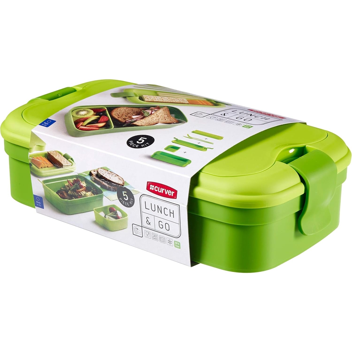 Curver - Lunch And Go Lunchbox With Cutlery, Green, 23.5 X 13.5 X 6.3 Cm