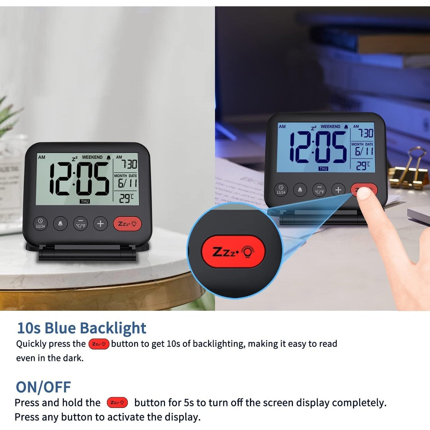 Noklead - Digital Travel Alarm Clock With Backlight, Date, Temp, Snooze, 12/24H