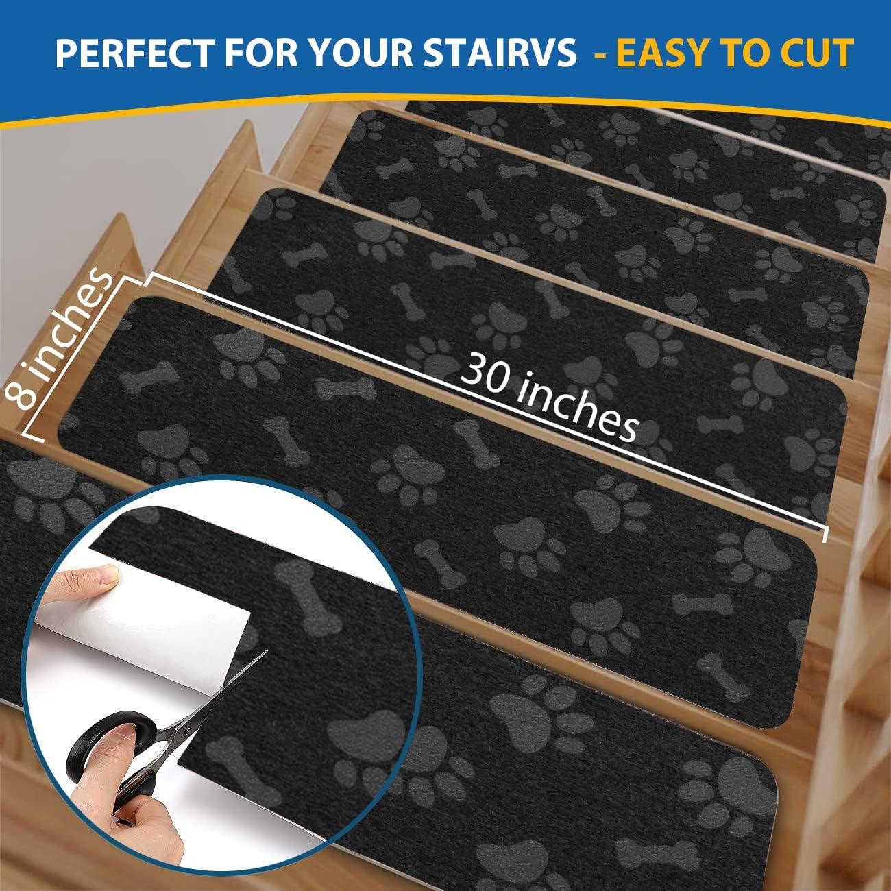 Goylser - Non-Slip Self-Adhesive Stair Mats, Black, 76x20 Cm, Pack Of 15