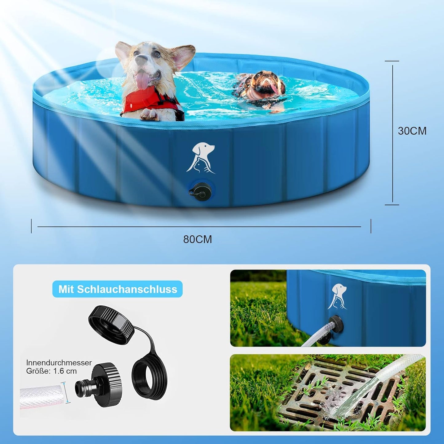 Fwiull - Foldable Dog Pool, 80x30 Cm, Non-Slip, Portable, Blue