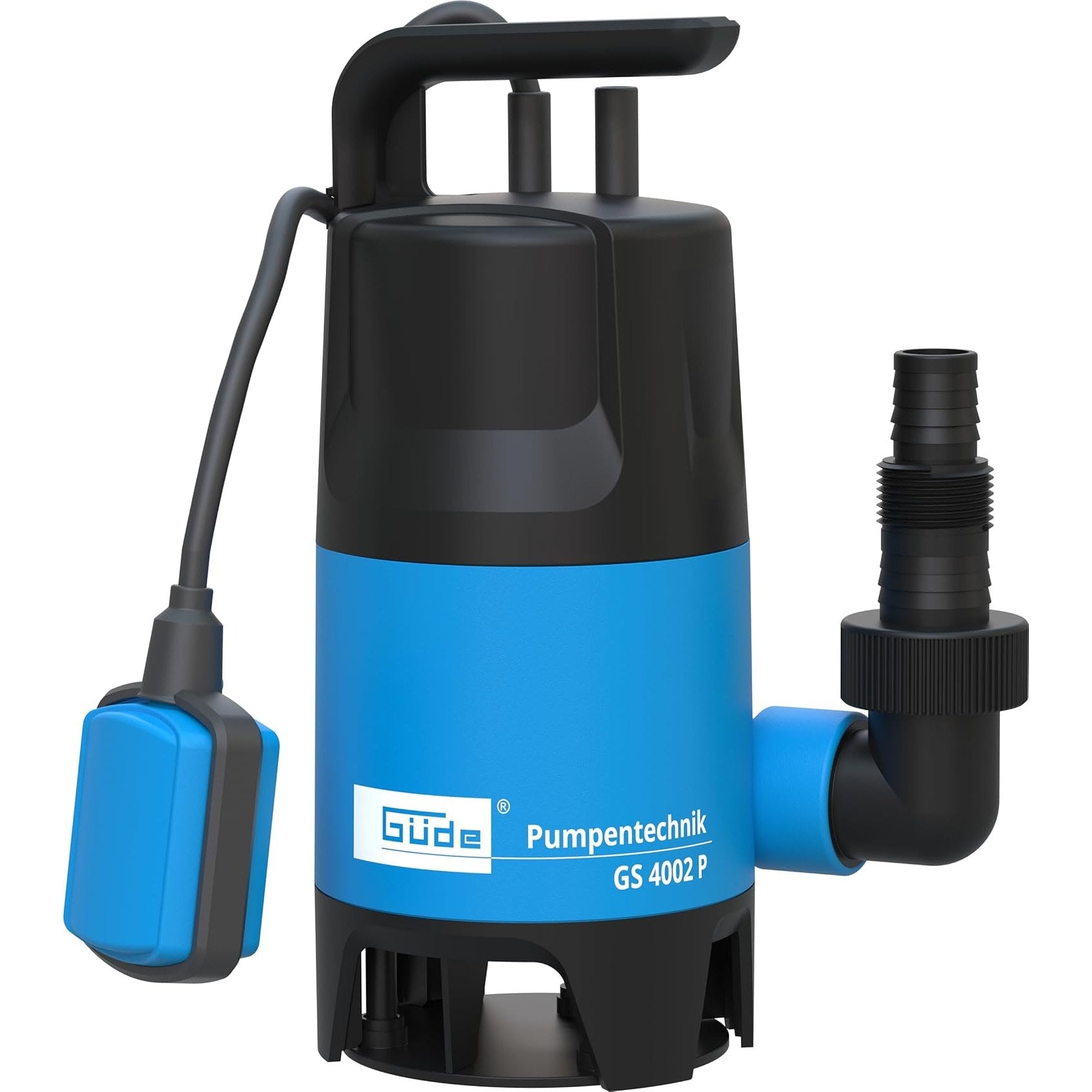 Submersible dirty water pump GS 4002 P by Güde, featuring a robust blue and black plastic design, dimensions of 29.4L x 12.6B x 20H cm, and a weight of 3.3 kg; equipped with an adjustable float switch for draining areas with low water levels from approximately 85 mm.