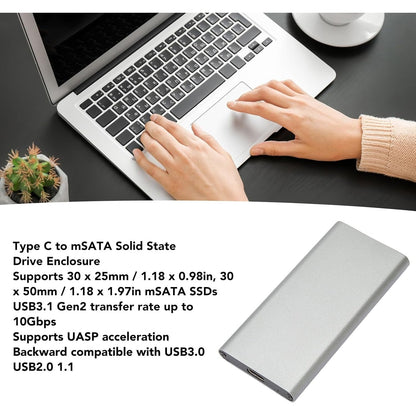 Tyep C - Portable SSD Enclosure, Type C to mSATA, Plug & Play, Silver