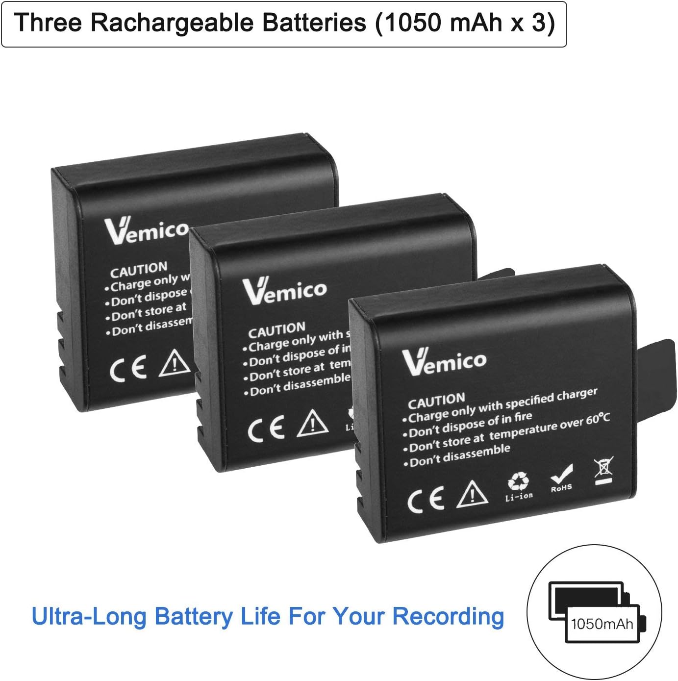 Vemico - Action Camera Battery 1050mAh 3-Pack for Akaso, Sjcam, Apexcam, Wolfang