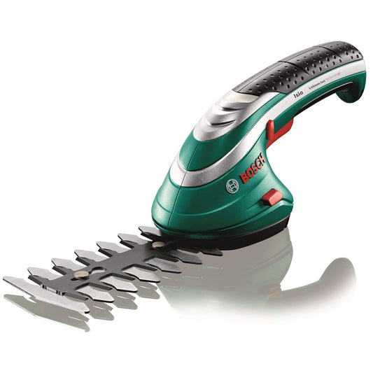 Turquoise Bosch battery-powered compact hand-held tool designed for shaping bushes and shrubs, featuring a Swiss precision blade with an Anti-Blocking System, durable 3.6 V Li-ion battery for up to 50 minutes of runtime, and an innovative Multi-Click system for easy attachment changes.