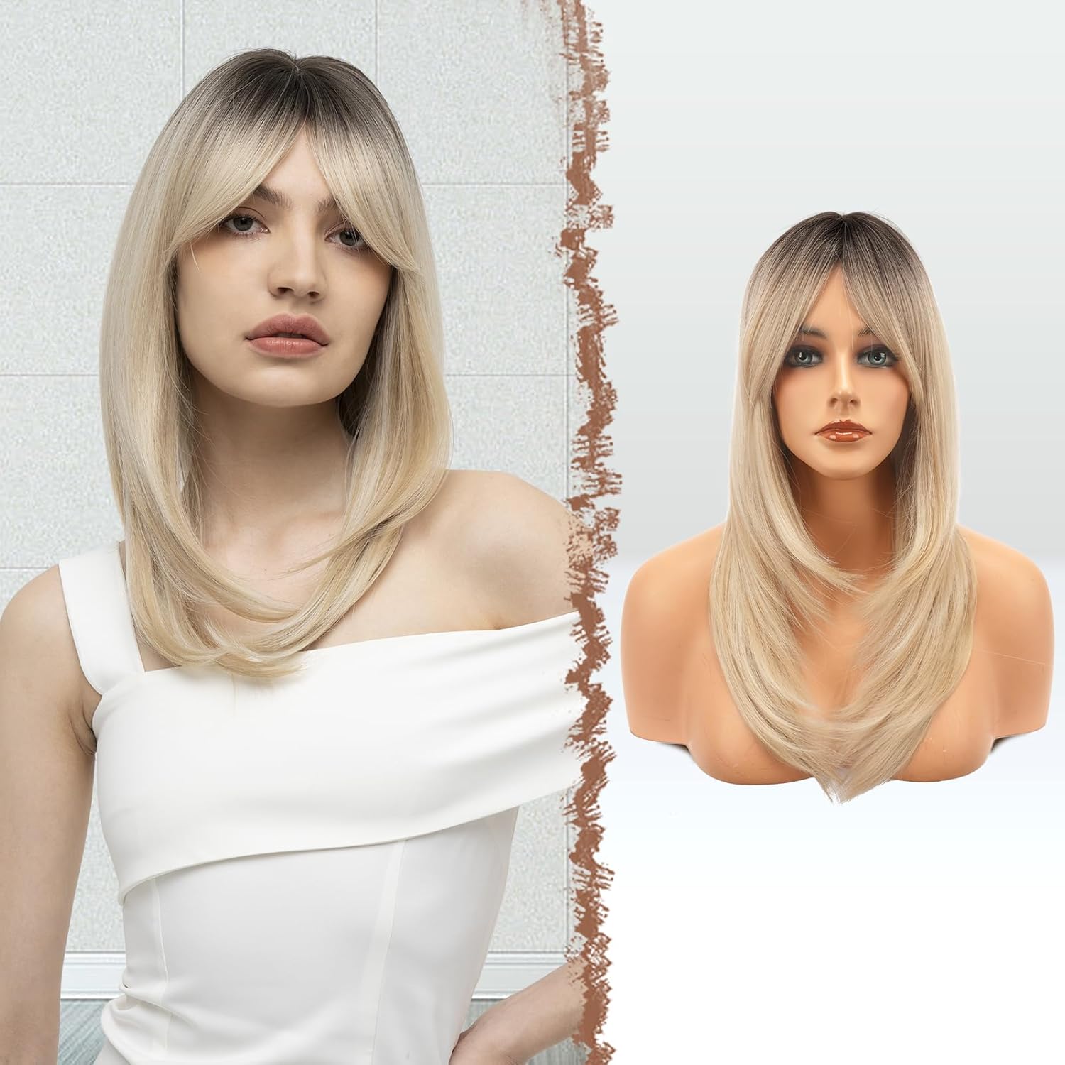 Feshfen - Ombre Blonde Synthetic Wig With Bangs For Women 45 Cm