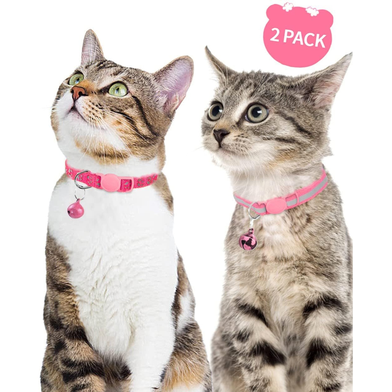 Taglory - Reflective Breakaway Cat Collar With Bells, 2 Pack, Adjustable, Pink