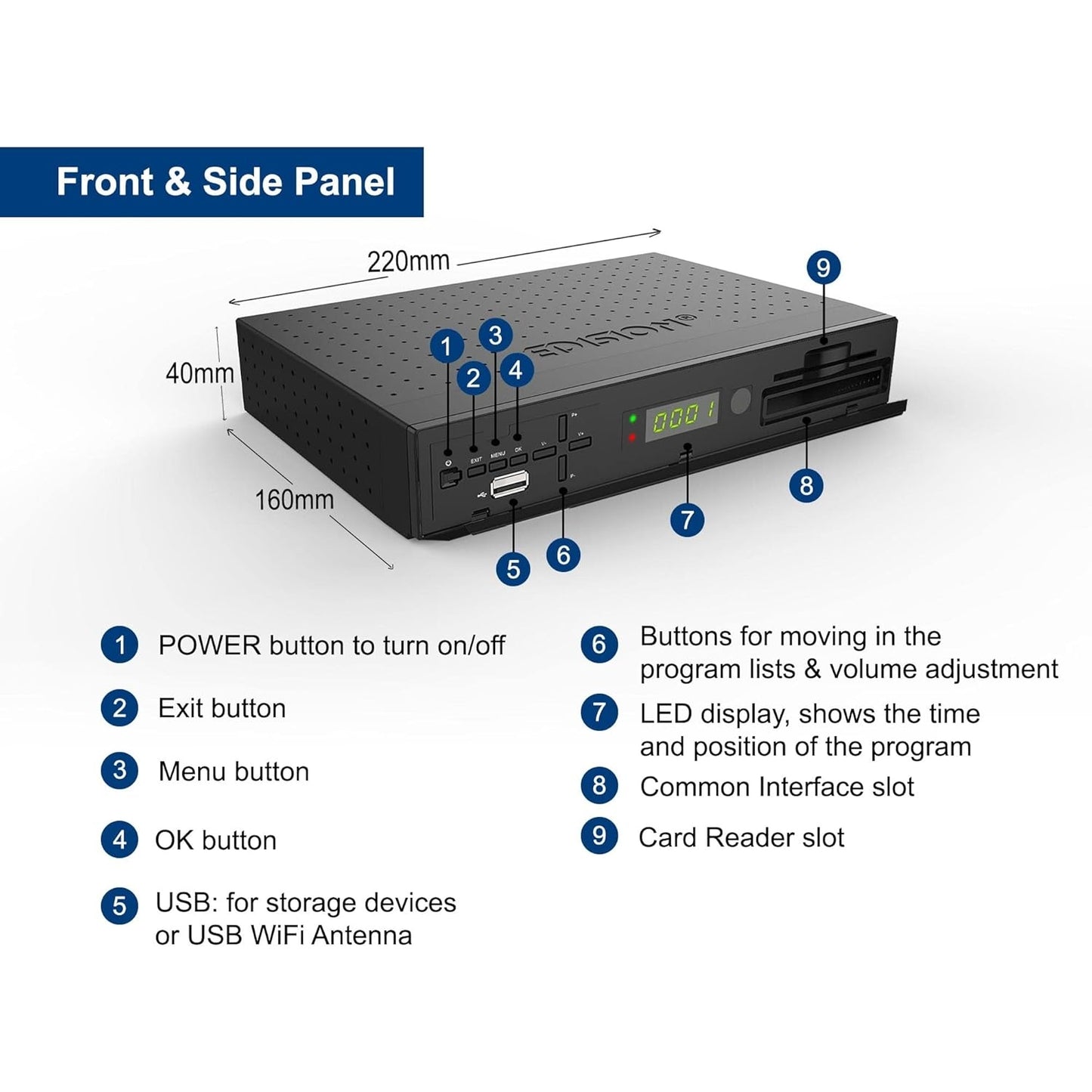 Edision - Piccollo S2+T2/C Combo Receiver H.265/Hevc Full HD USB Black Remote