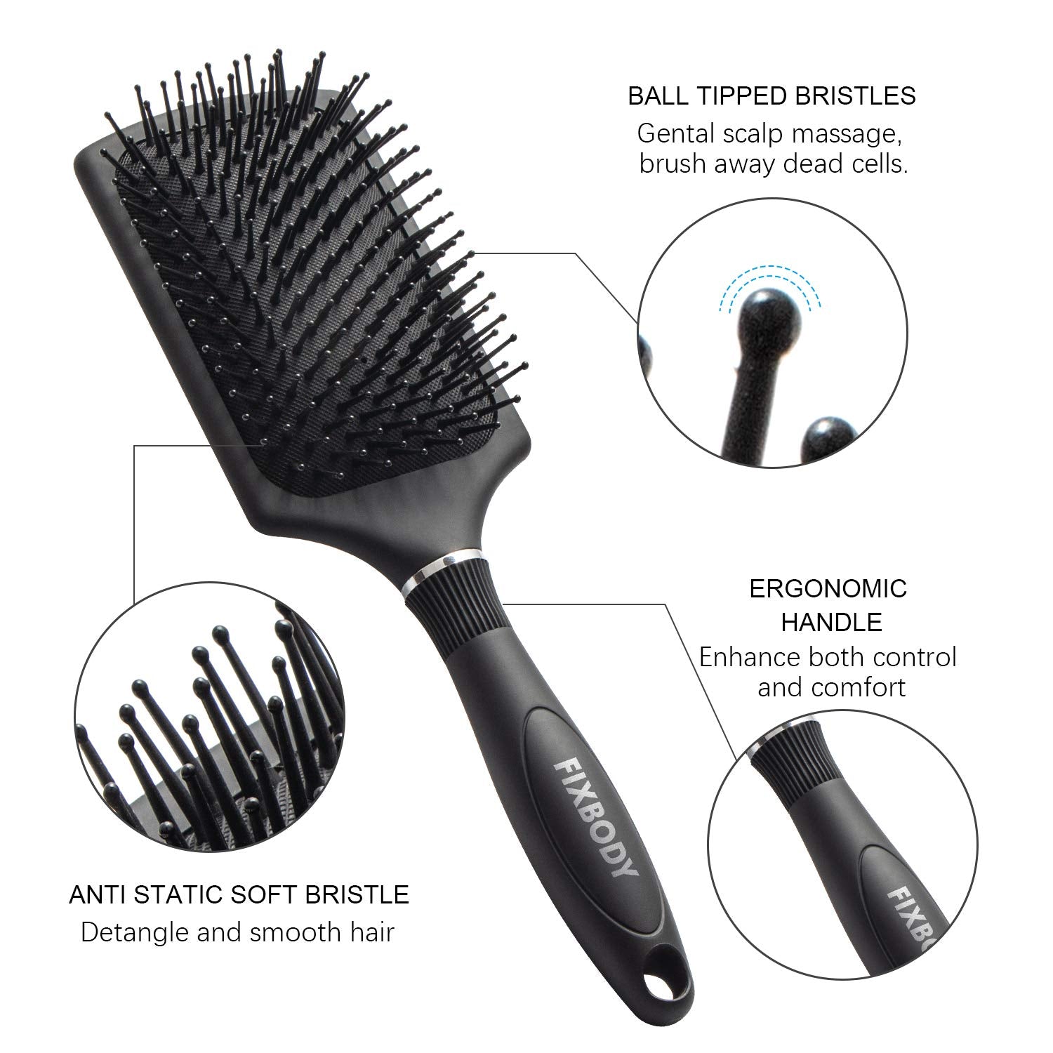 Fixbody - Paddle Brush With Large Cushion, Smoothing Detangling For Long Thick Hair