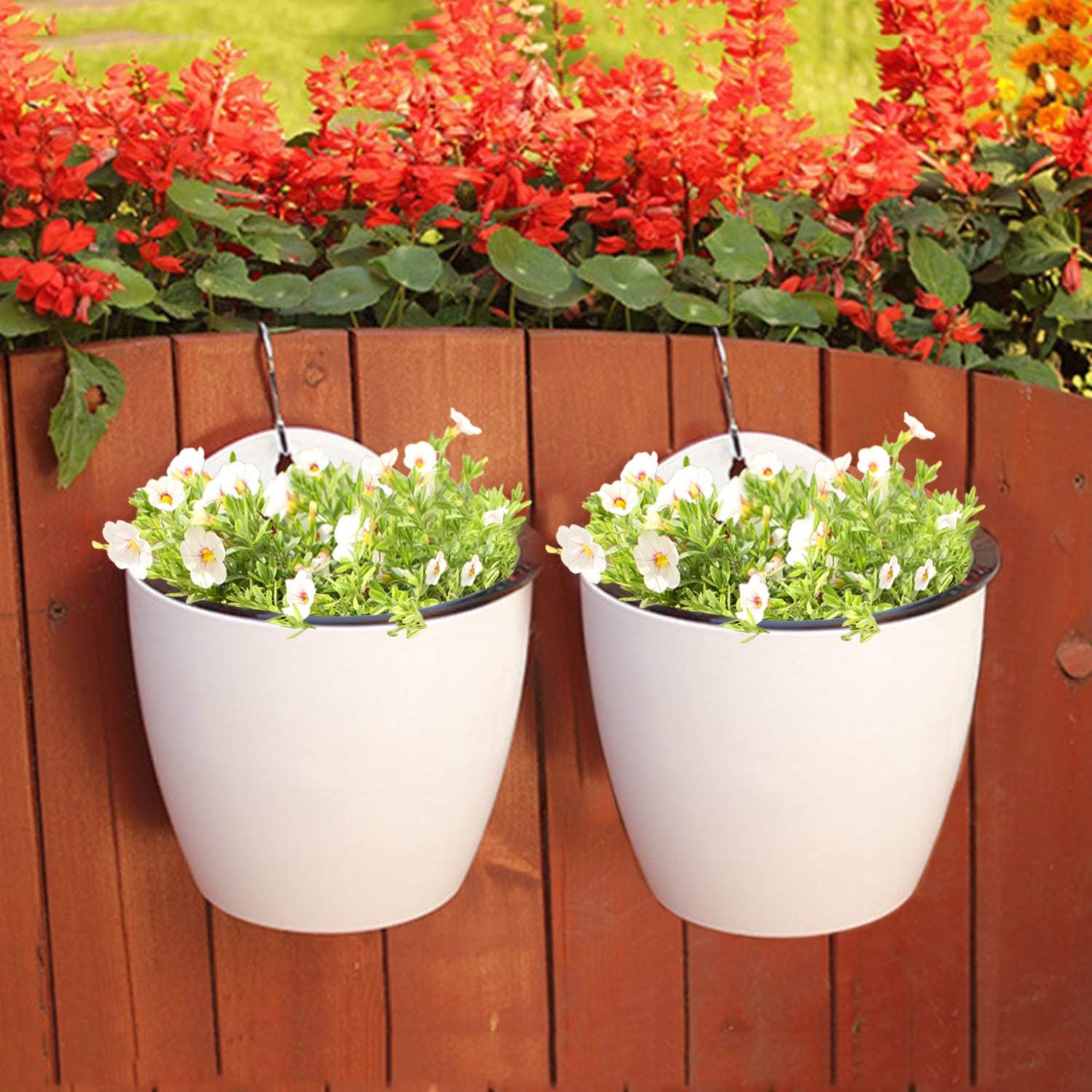 Jucoan - 9 Pack Self Watering Hanging Planter, 5 Inch Dual-Pots, White With Hooks