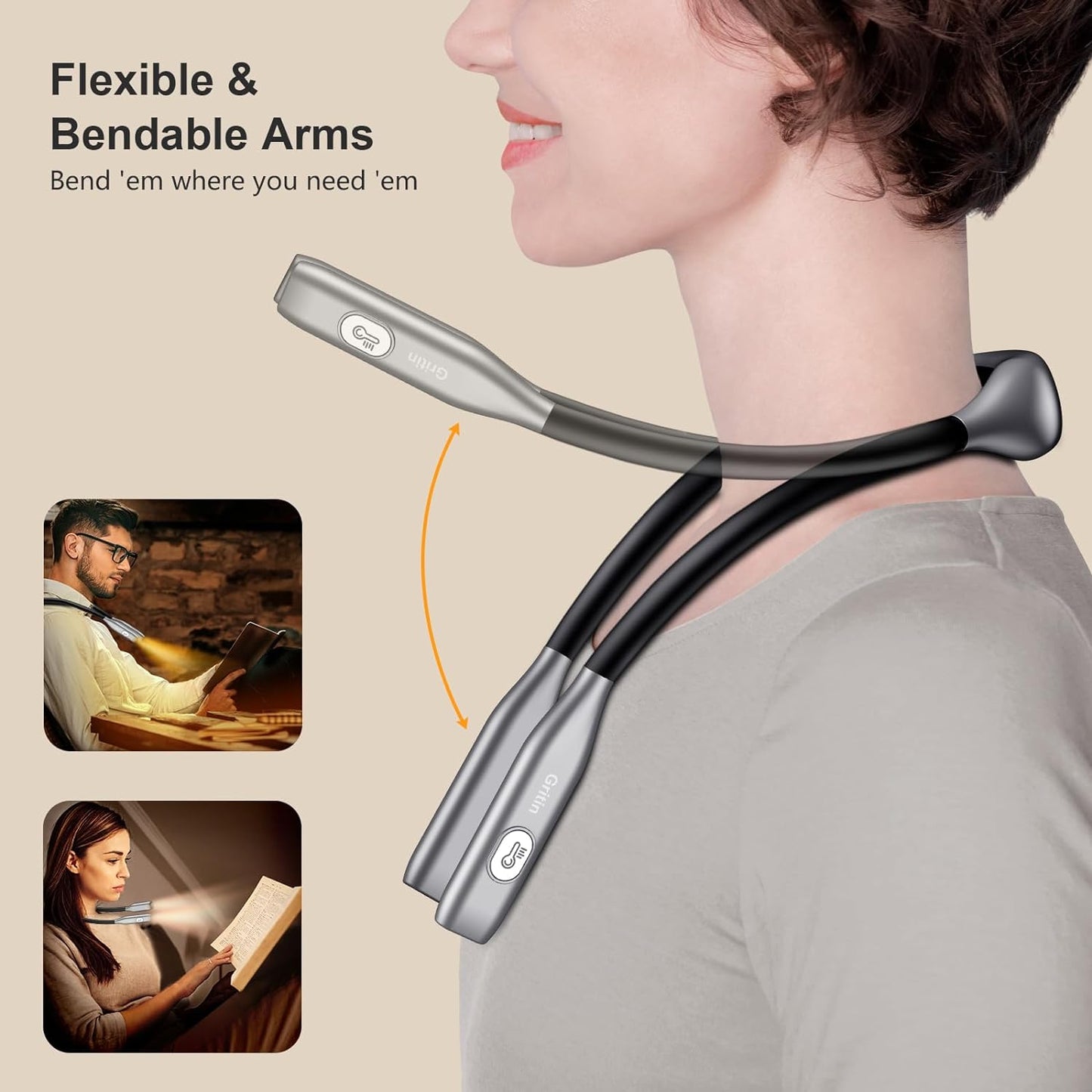 Gritin - Rechargeable Neck Reading Light, 3 Colors, Stepless Dimming, 80+Hrs Runtime