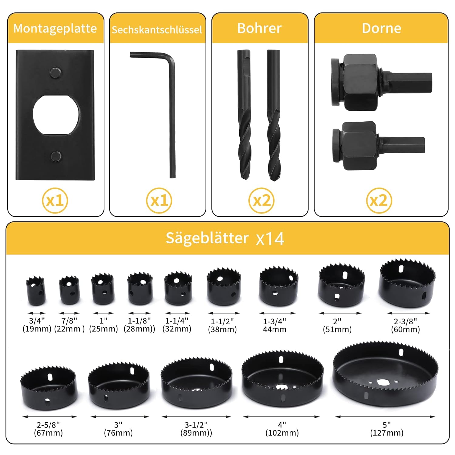 Jellas - 19-Piece Hole Saw Set, 19-127mm, Durable for Precise Holes in Wood & PVC