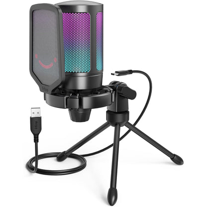 Fifine - Gaming USB Microphone With RGB, Mute, Tripod, Pop Filter, Shock Mount