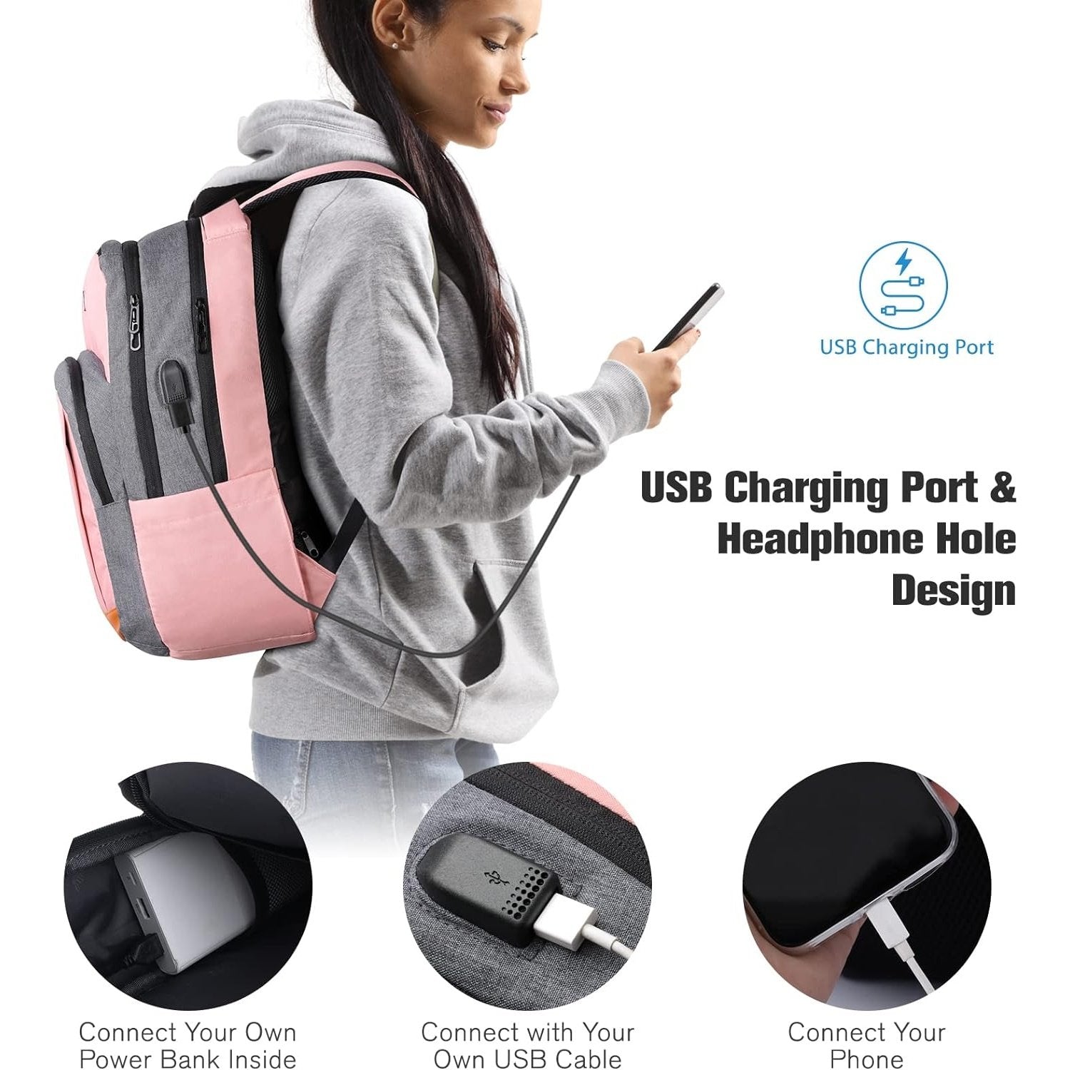 Yiormior - School Backpack With USB Charging Port, Water Resistant, Fits 15.6" Laptop