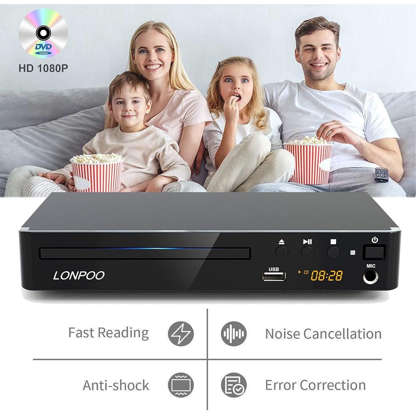 Zhongxinguang - Lonpoo HD DVD Player for TV with HDMI/AV/Coaxial, 1080P, USB & Mic Output