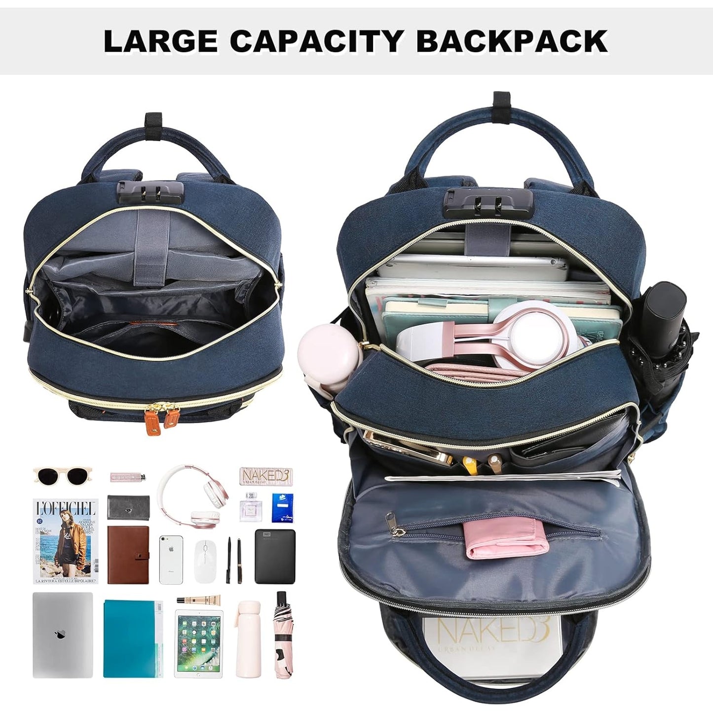 Lovevook - Laptop Backpack Purse For Women, 17 Inch Travel Anti-Theft Bag, Navy