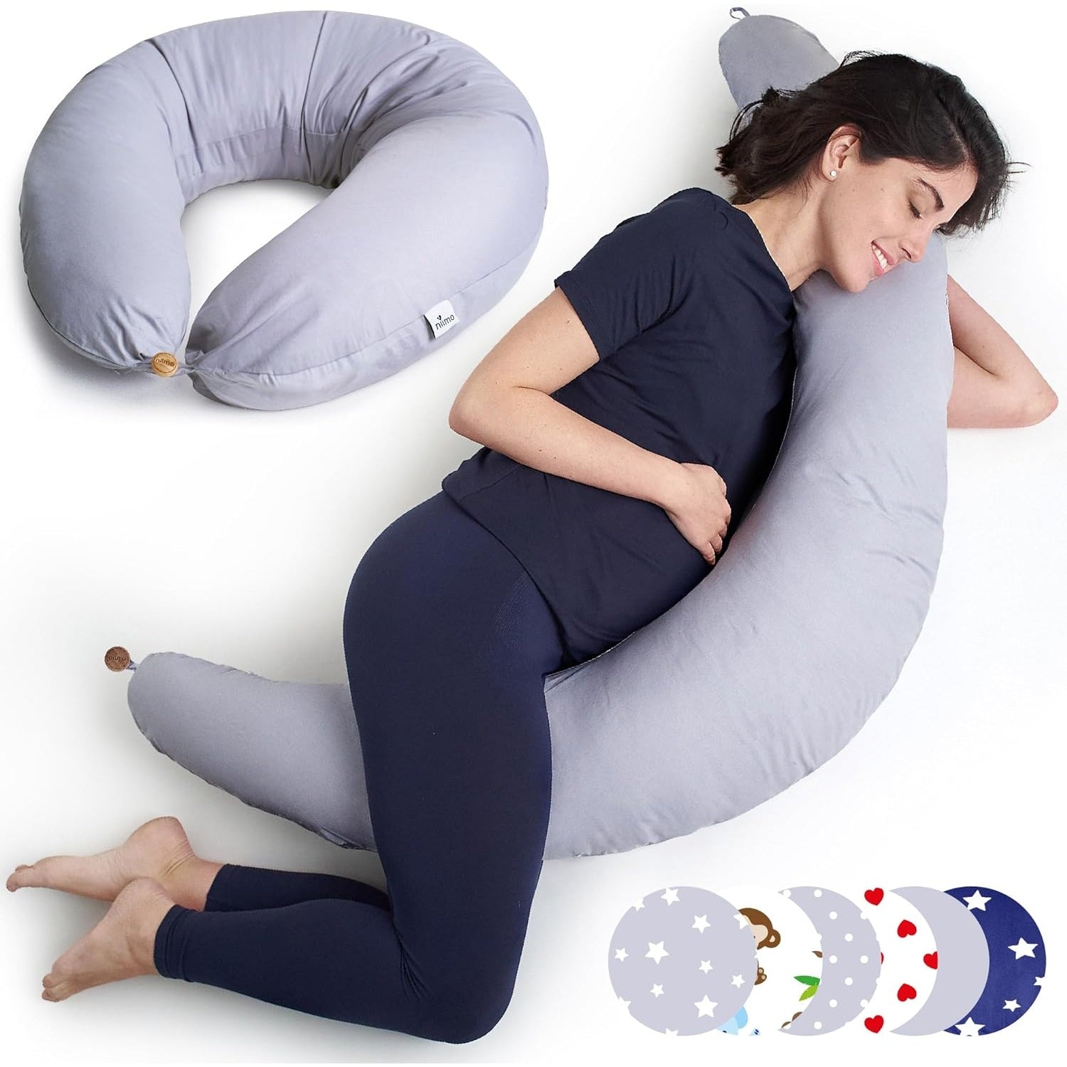 Niimo - Nursing And Pregnancy Pillow, Multifunctional Body Pillow, XXL, 100% Cotton (Grey)