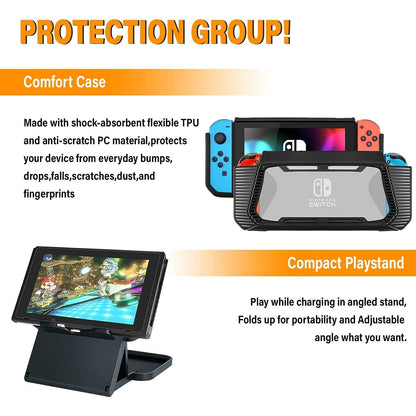 E&P - Switch Accessories Bundle: Case, Screen Protector, Playstand, Game Case, Joystick Cap, Charging Dock, Steering Wheel (18 In 1)