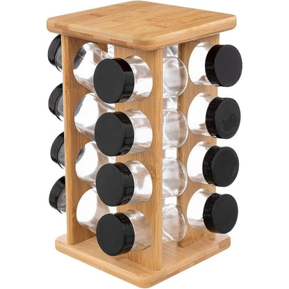 Bambou - Bamboo Spice Rack With 16 Glass Jars & Rotating Stand