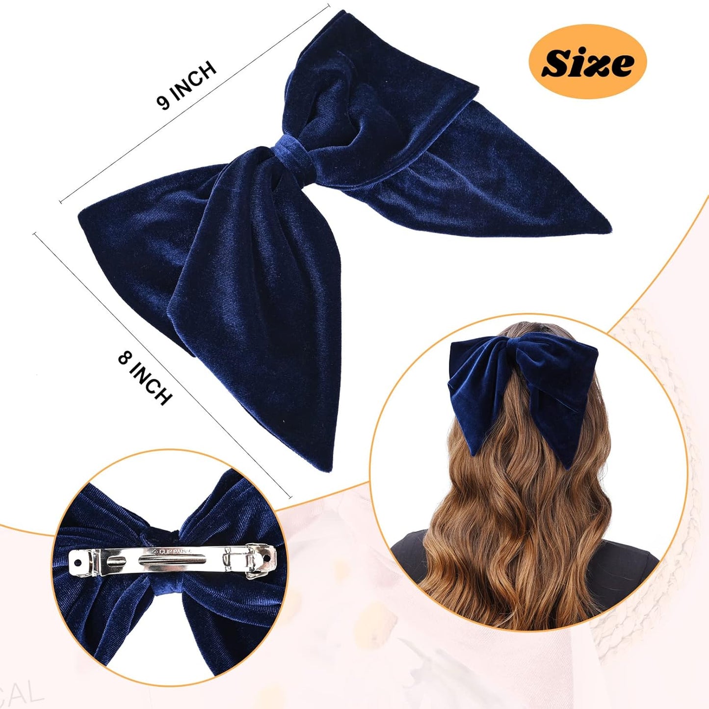 Deeka - Large Velvet Hair Bows 2 Pcs 8 Inch Oversized Vintage Clips - Pink/Navy