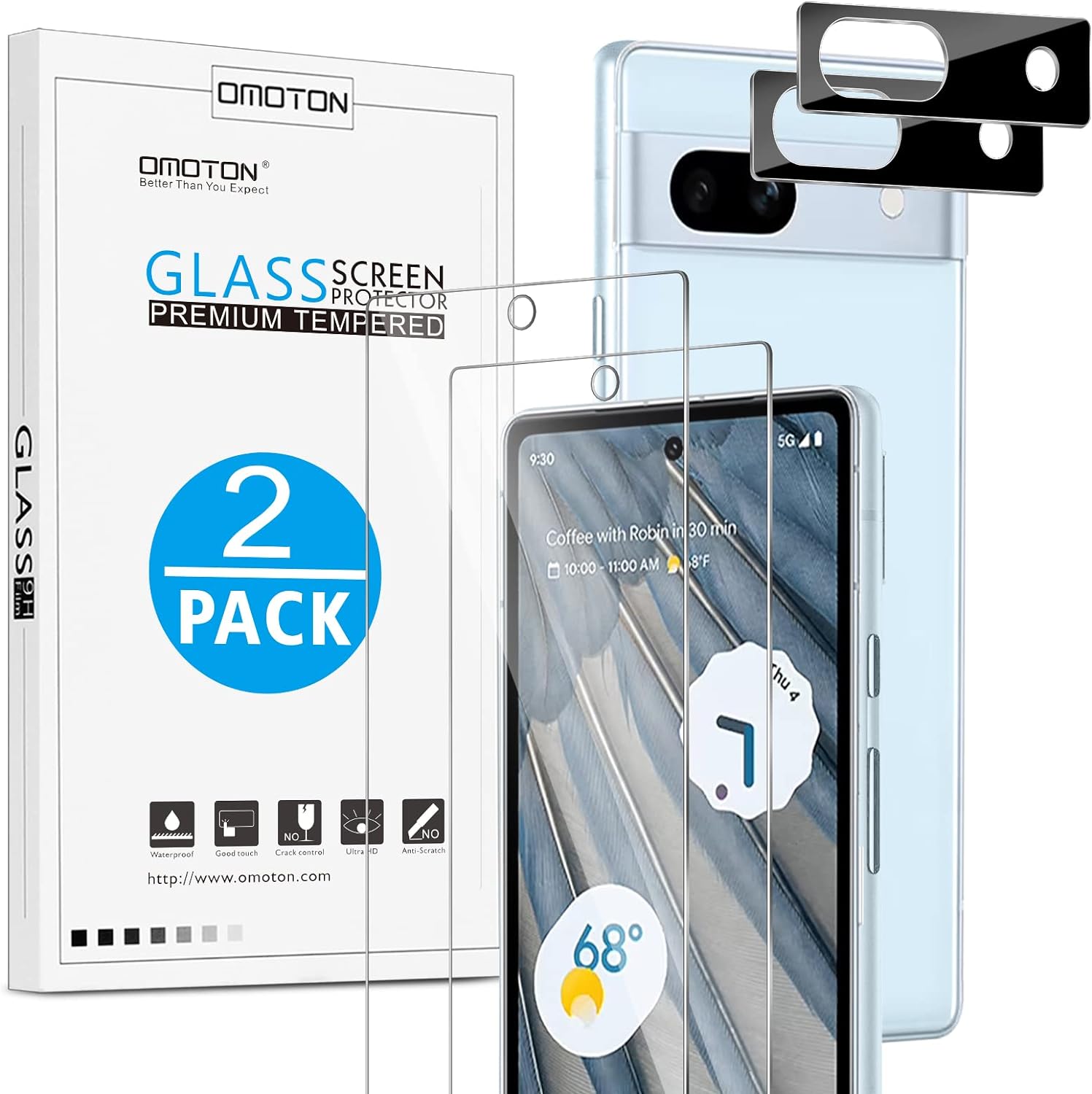 Omoton - Screen Protector & Camera Lens Protector for Google Pixel 7A, 2+2 Pack