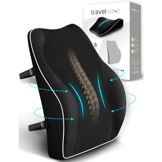 Travel Ease - Ergonomic Lumbar Support Cushion, Memory Foam, Adjustable Straps, Black