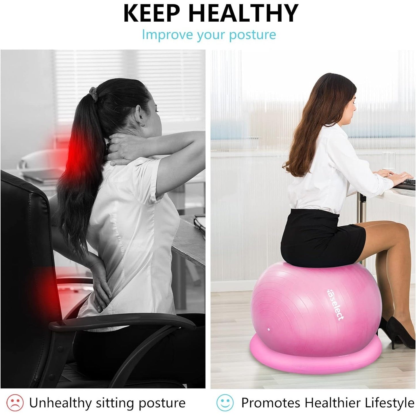 Hbselect - Exercise Ball Chair with Anti-Slip Base & Resistance Bands