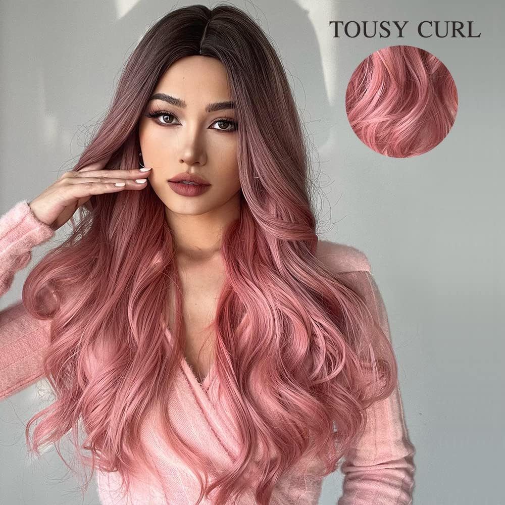 Esmee - 24" Pink Heat-Resistant Synthetic Long Wavy Wig For Women