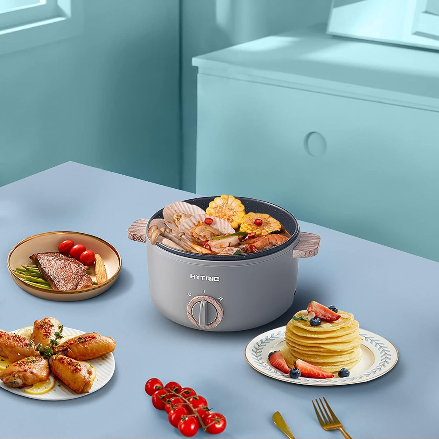 Hytric - 1.5L Mini Electric Hot Pot With Handle, Nonstick Frying Pan, Dual Power Control