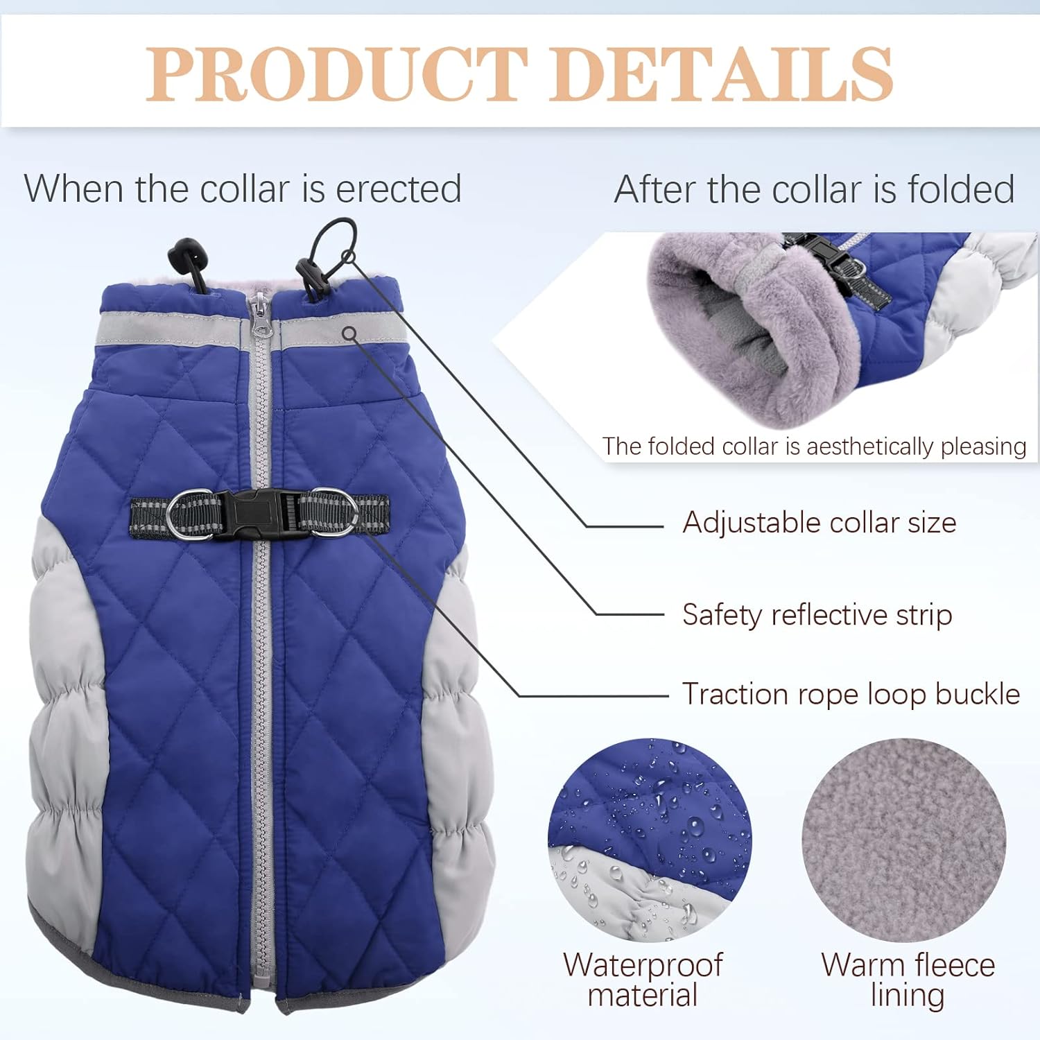 Ouobob - Blue Fleece Dog Vest With Built-In Harness, Waterproof, Small