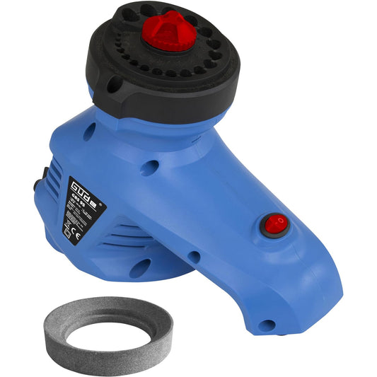 Güde Drill Sharpener, model 94420, featuring a medium grit type and designed for easy and safe sharpening of HSS E, HSS, CrV or WS twist drills from 3 to 12 mm; includes adjustable whetstone, robust blue plastic housing with non-slip feet, and a second grinding wheel.