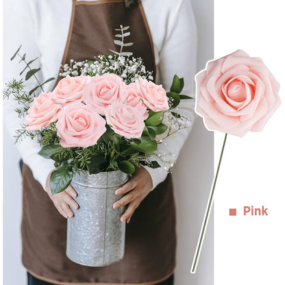 Bigqin - 25 Pcs Artificial Roses Xmas Decor Realistic Foam Roses With Stems, Pink