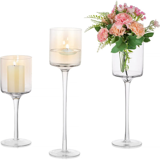 Inweder - Tall Glass Candle Holder Set Of 3 For Table Centerpiece