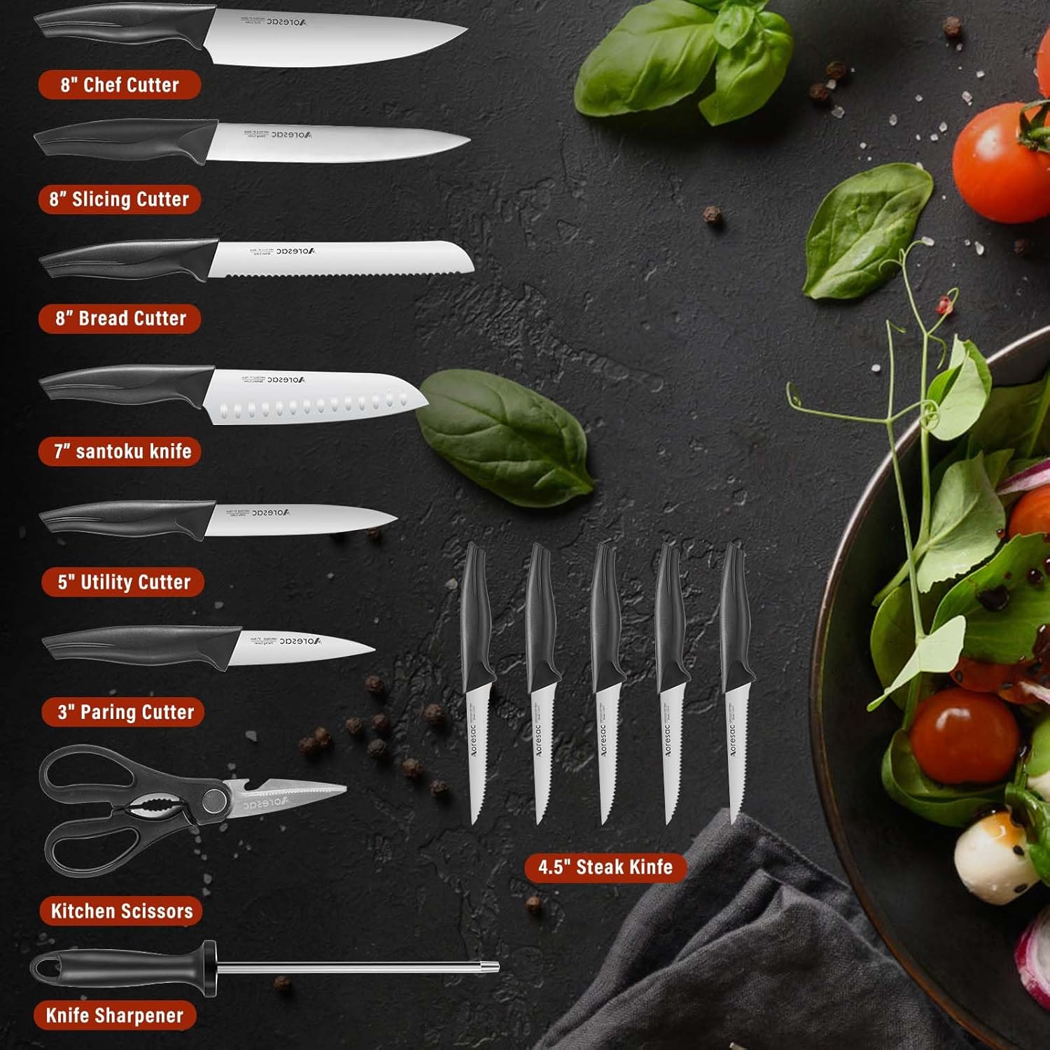 Germany High Carbon Stainless Steel - 15-Piece Kitchen Knife Set With Block