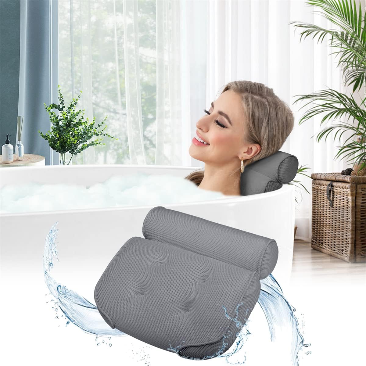 Essort - Waterproof 3D Mesh Bath Pillow for Head and Neck, Grey