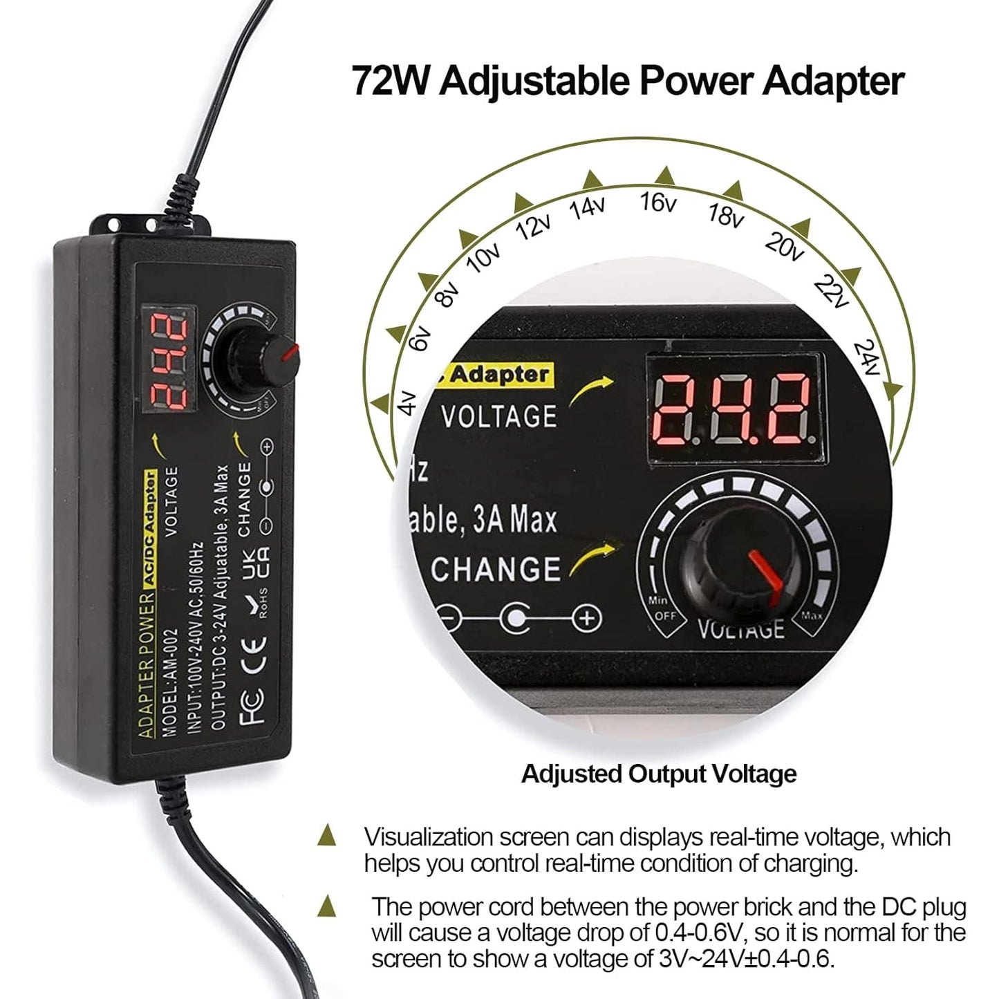 Auplf - Adjustable DC Power Supply 3V-24V 3A 72W With 14 Tips