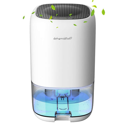 Compact white dehumidifier with a handle, featuring Peltier technology for efficient moisture removal (up to 450 ml/day), auto shut-off function, low noise operation (39 dB), detachable filter mesh, and controllable multi-color LED lights. Suitable for small spaces like bedrooms and offices.