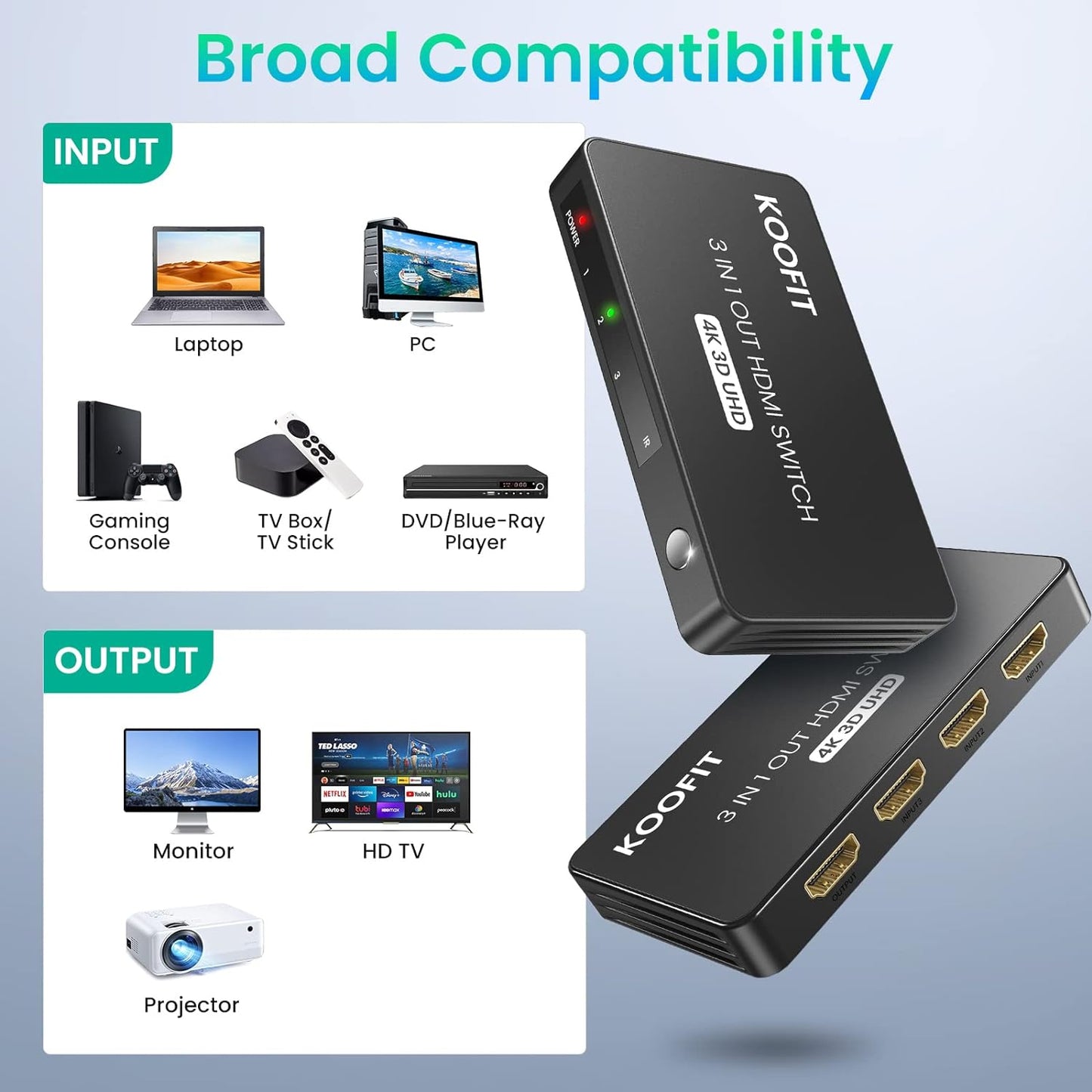 Koofit - HDMI Switch 4K 3 In 1 Out With Remote, Supports 4K 3D UHD For PS5, Xbox, PC