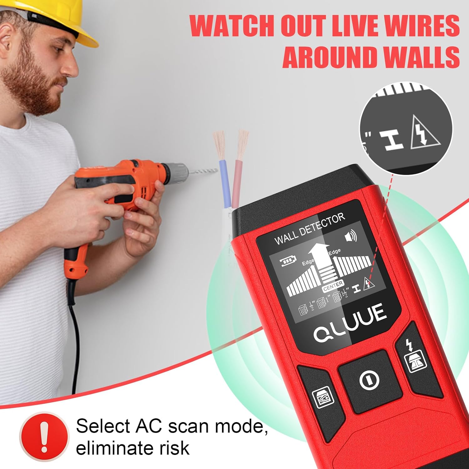 Qluue - Cable Finder Locator 5-in-1 Wall Scanner Detector with LCD Display and Acoustic Alarm