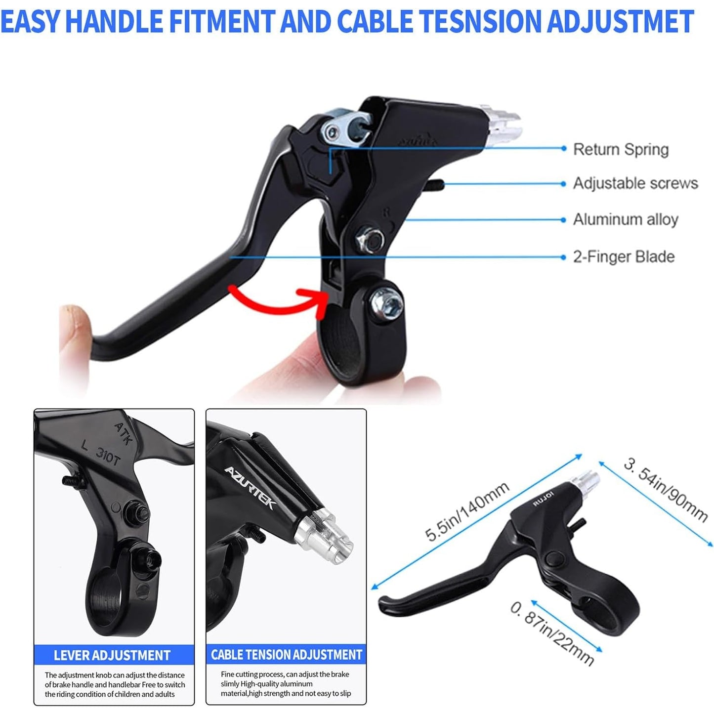 Rujoi - Aluminum Alloy Bike Brake Lever Set With Cables For Mountain & Road Bikes