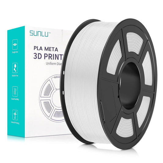 White 3D printer filament spool labeled as SUNLU PLA META, featuring a glossy surface and designed for durability and ease of printing; weighs 1 kilogram with a diameter of 1.75 millimeters, suitable for various models including toys and decorations.