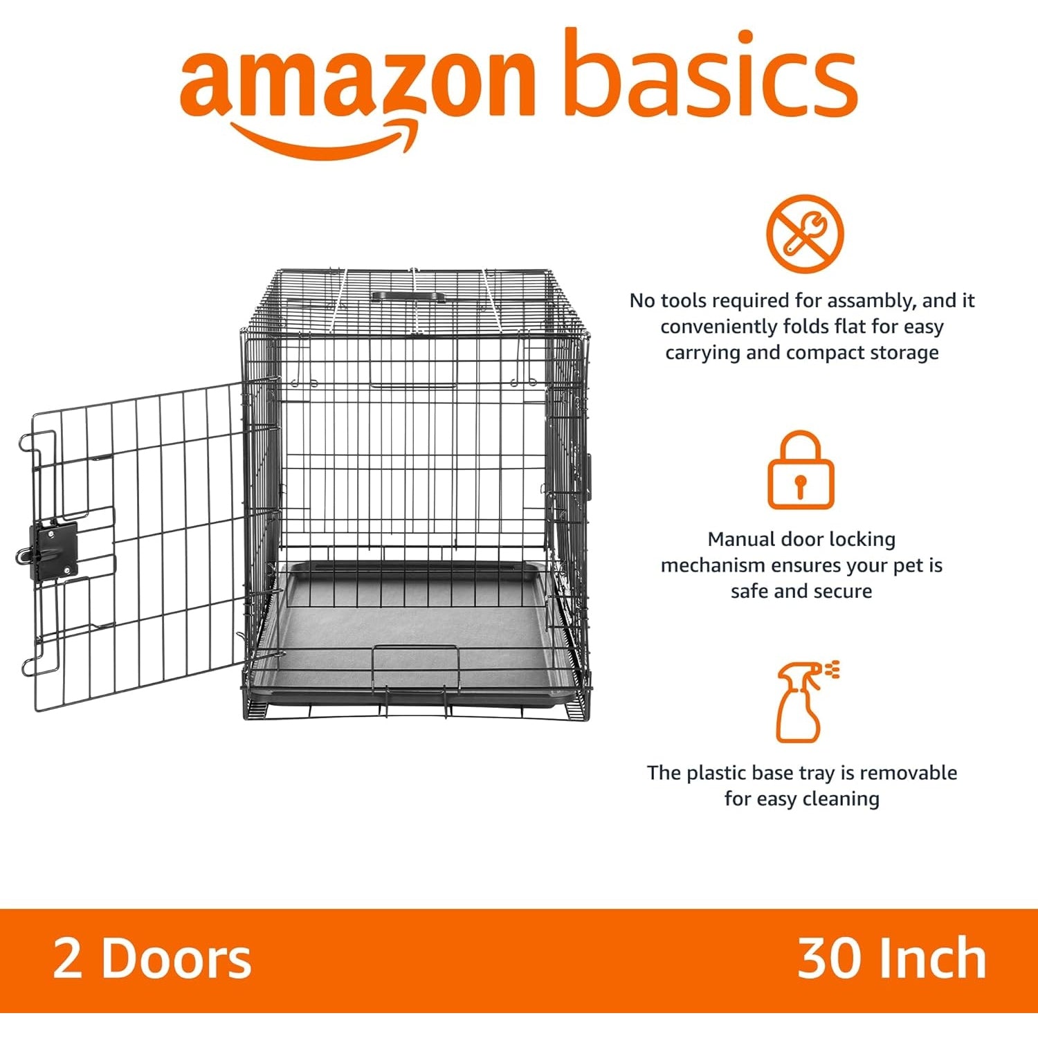 Amazon - Basics Foldable Metal Dog Crate, Double Door, 30 Inch, Black