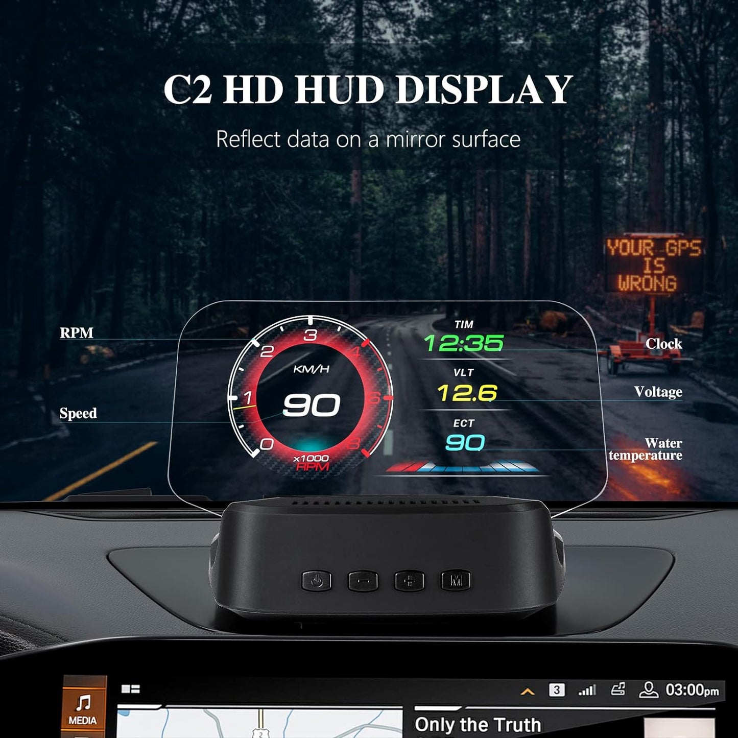 Liiiyuan - Heads Up Display For Cars C2, Obd2 Display With Rpm, Fuel Consumption, Water Temperature, Over-Speed Alarm, Gps Speedometer