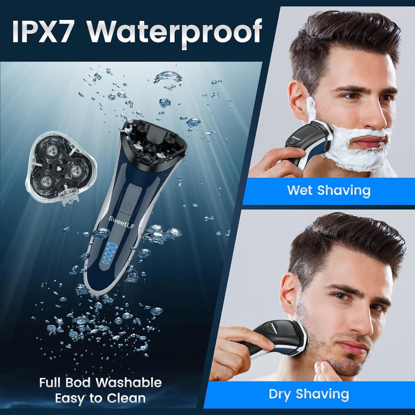 Sweetlf - Waterproof Electric Razor for Men, Type C Rechargeable, Wet & Dry, Navy Blue