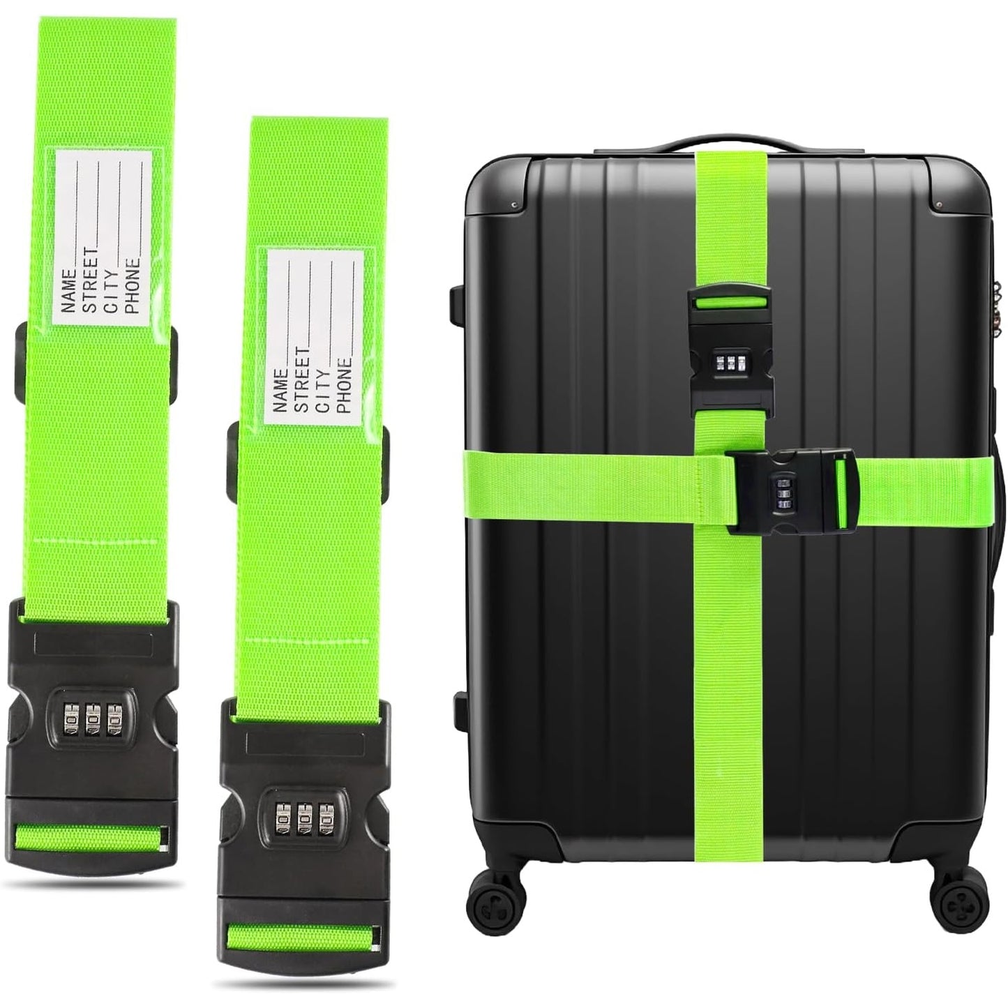 Yoosso - Pack Of 2 Adjustable Suitcase Straps With Combination Lock (Green)