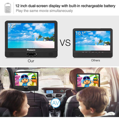 Naviskauto - 12" Portable Dual Screen DVD Player for Car with Rechargeable Battery