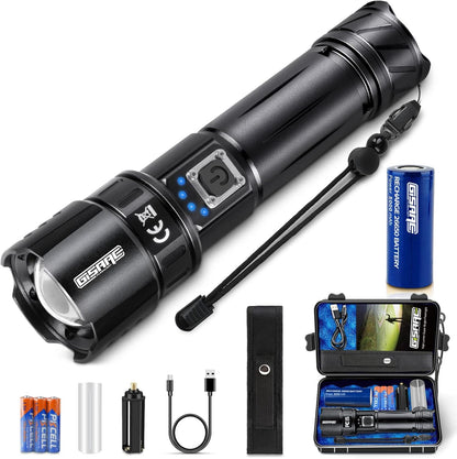 Gisaae - Led Torch 20000 Lumens, Type-C Rechargeable, 5 Modes, With Battery & Holster